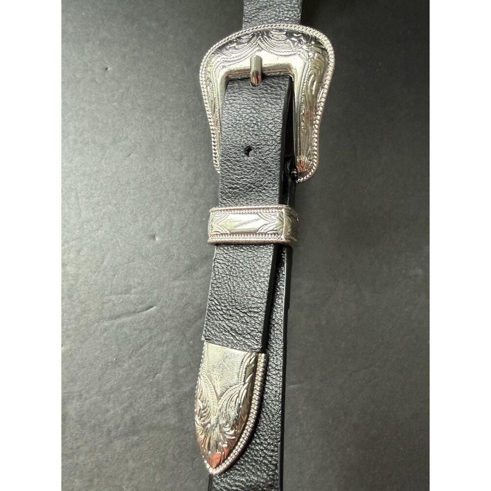 LODIS Womens Western Black Leather Belt Silver Etched Buckle Size Small Boho